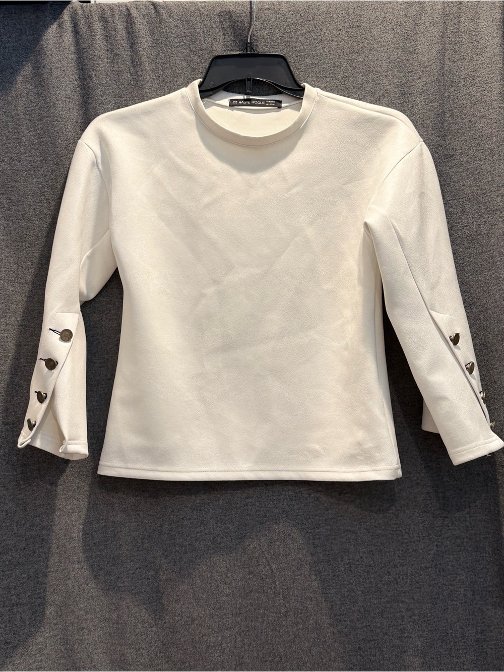 Haute Rogue White Button Sleeve Top 3/4 Sleeve Minimalist Quiet Luxury Mod Chic